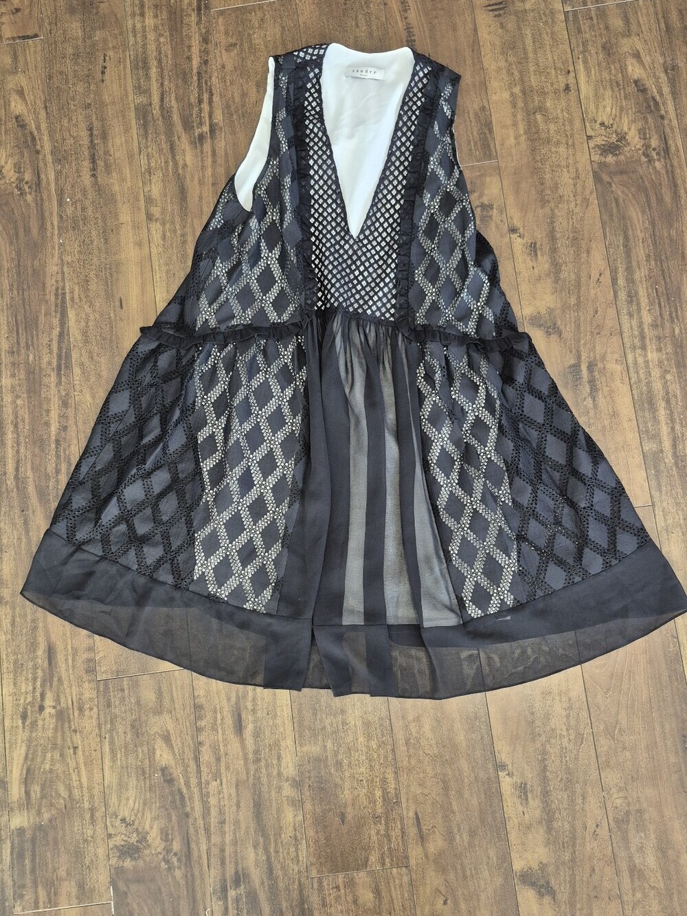Sandro Paris Black Lace Mesh Mini Dress Sheer Sleeveless Boho Size 1 - Picture 4 of 9